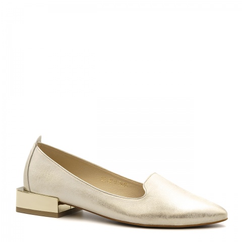 Złote skórzane lordsy baleriny na złotym lustrzanym kwadratowym obcasem 263C