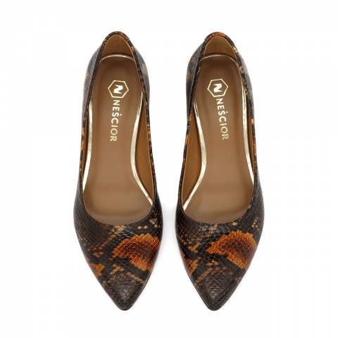 Wężowe skórzane czółenka na niskim obcasie 230D