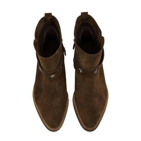 Brązowe welurowe botki z ozdobnym paskiem 219A