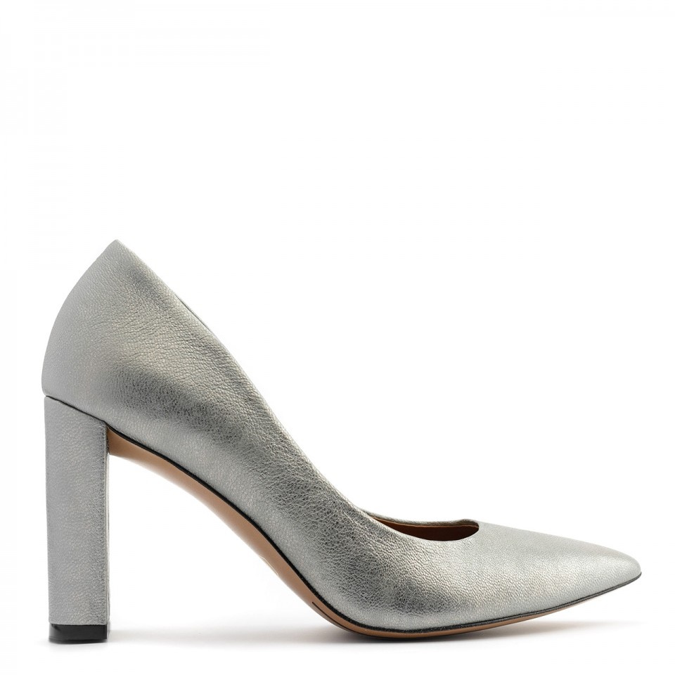 Srebrne skórzane czółenka na wysokim słupku Y107C