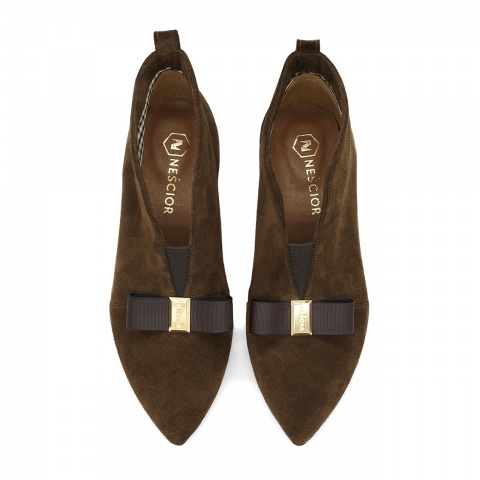 Brązowe welurowe botki z kokardką 230A