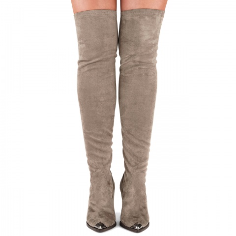 Kawowe kozaki za kolano z lycry 111F