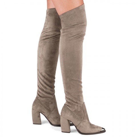 Kawowe kozaki za kolano z lycry 111F