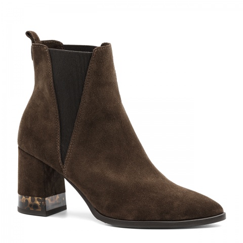 Brązowe welurowe botki na bursztynowym obcasie 42S