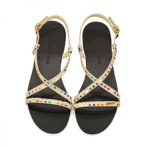 Beżowe skórzane sandały w kropki 09P