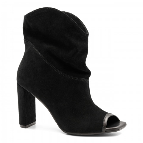 Czarne welurowe botki open toe na słupku 133B