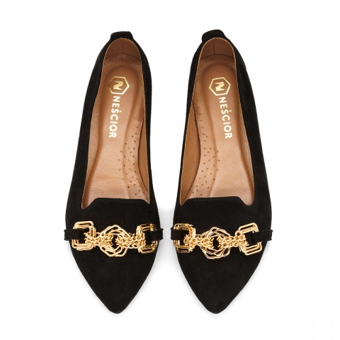 Czarne zamszowe baleriny z łańcuszkiem 263G