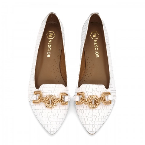 Białe skórzane baleriny z łańcuszkiem 263G