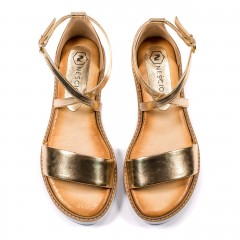 Złote skórzane sandały damskie ze złotymi paskami 67A