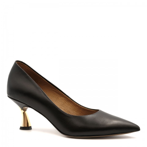 Czarne skórzane czółenka na złotym obcasie 118C