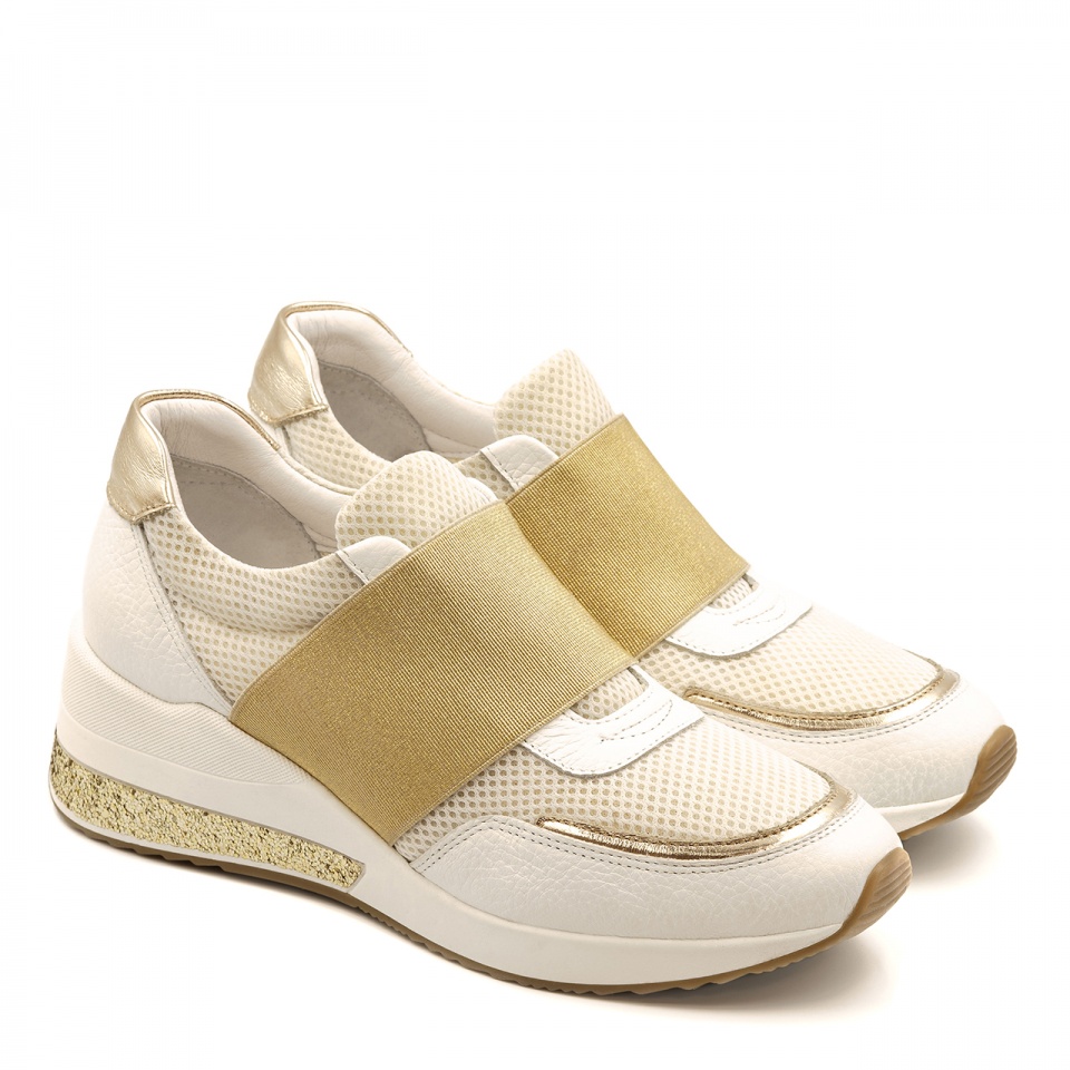 Sportowe biało-złote sneakersy z szeroką gumą 278G