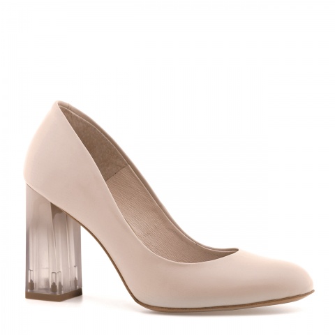 Beżowe skórzane czółenka na wysokim przezroczystym słupku 265D