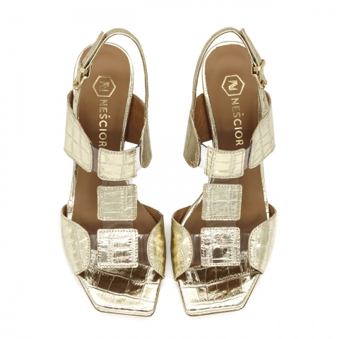 Złote skórzane sandały w krokodyli wzór 119A