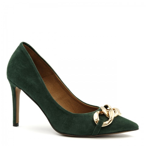 Zielone zamszowe szpilki z łańcuchem 107T