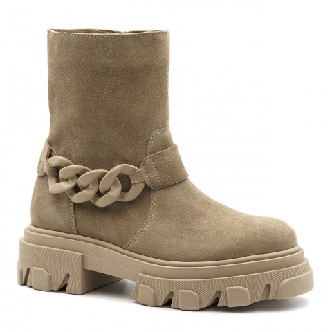 Beżowe welurowe botki z beżowym łańcuchem 241D