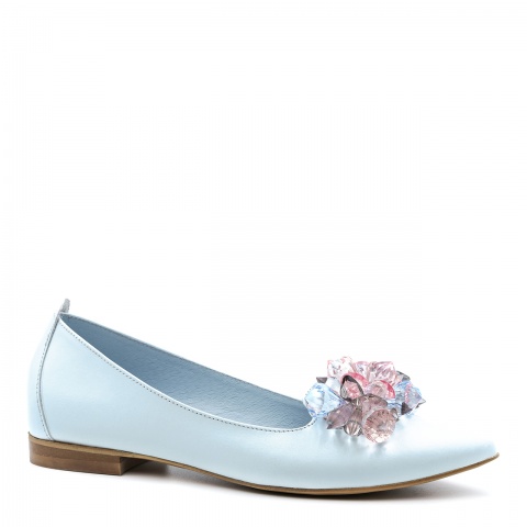 Błękitne skórzane baleriny z kryształami 263R