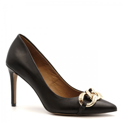 Czarne skórzane szpilki z łańcuchem 107T