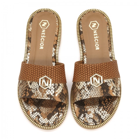 Koniakowo-złote skórzane klapki 67W