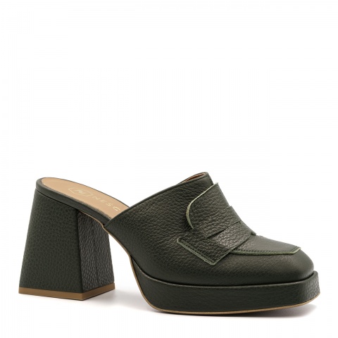 Khaki skórzane klapki na obcasie bez pięty 211K