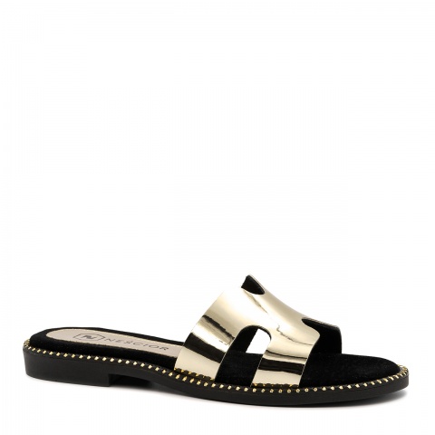 Złoto-czarne skórzane klapki 167H