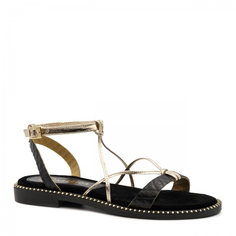 Czarno-złote skórzane sandały z paseczkami 167F