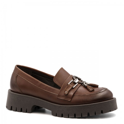 Brązowe skórzane półbuty z frędzlami 6FL42411