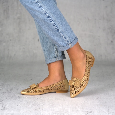 Złote ażurowe skórzane baleriny 263E
