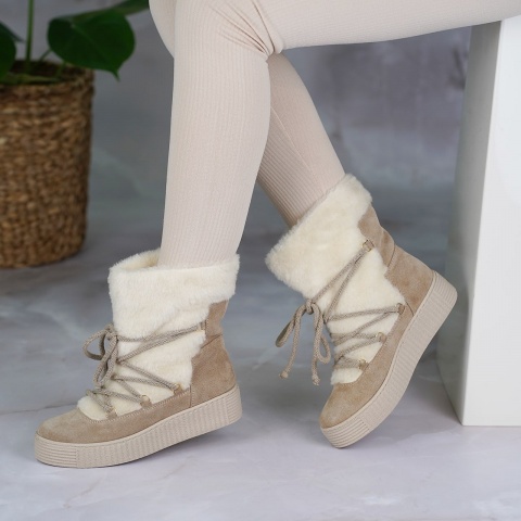 Beżowe sznurowane botki z weluru 217G