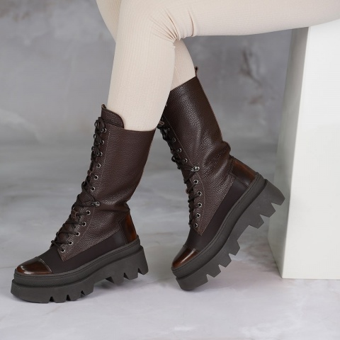 Brązowe skórzane sznurowane botki 295G