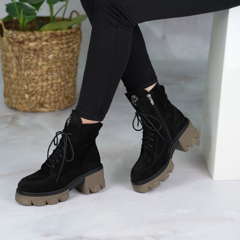 Czarne sznurowane botki z weluru LM60377