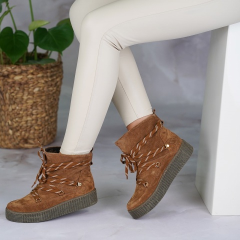 Koniakowe płaskie welurowe sznurowane botki 217S