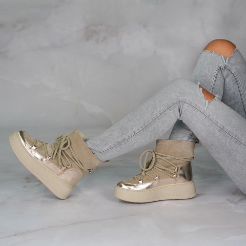 Beżowe welurowe sznurowane botki 237D