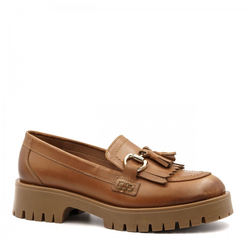 Koniakowe skórzane półbuty z frędzlami 241G