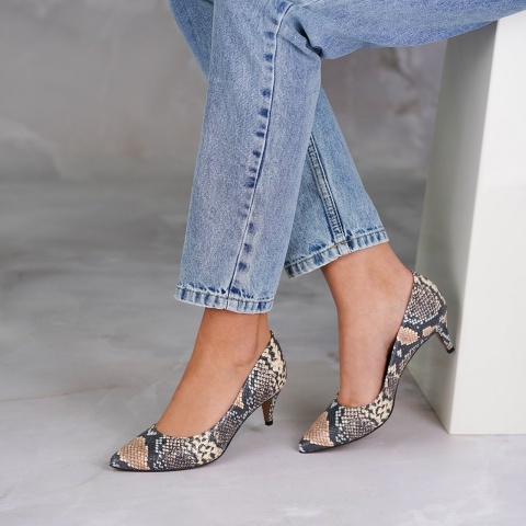 Brązowo zielone skórzane wężowe czółenka 110H