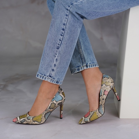 Wężowe wielokolorowe skórzane szpilki 107G