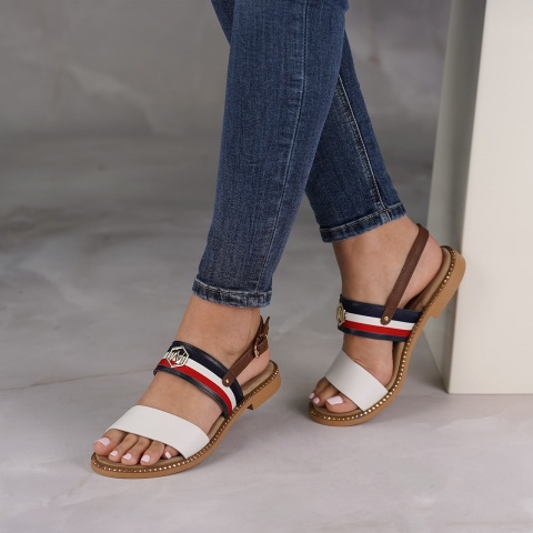 Biało-granatowe skórzane sandały 167P