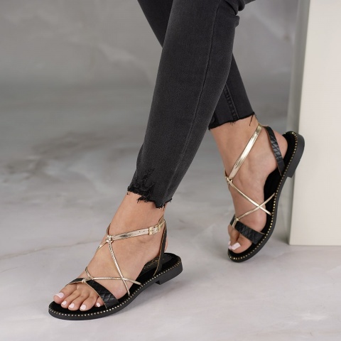 Czarno-złote skórzane sandały z paseczkami 167F