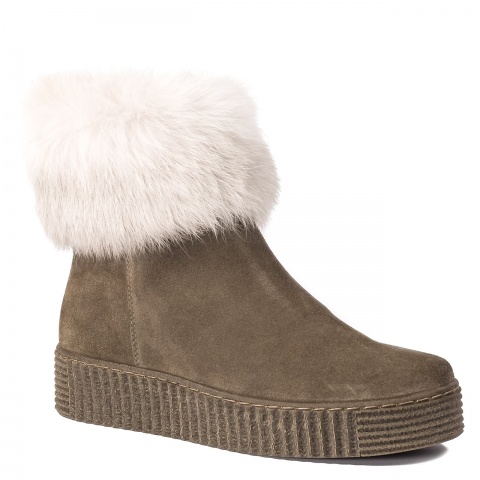 Brązowo zielone płaskie zamszowe botki z futerkiem 217B