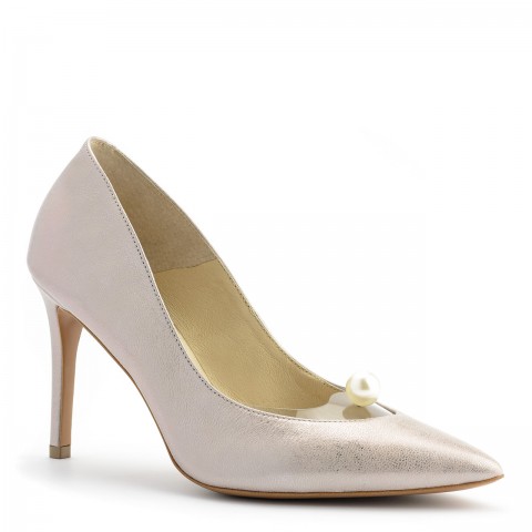 Różowe skórzane szpilki z perłą 107P