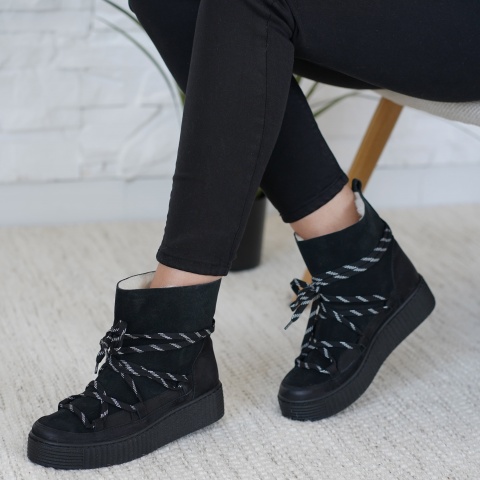 Czarne welurowe sznurowane botki 217D