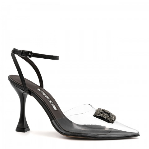 Czarne czółenka bez pięty na ozdobnym obcasie 231S