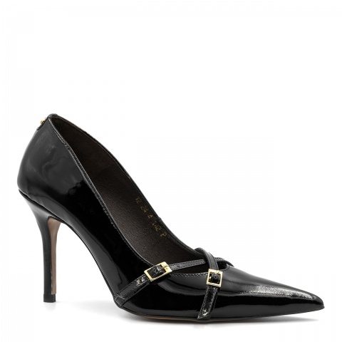 Czarne lakierowane szpilki z czubem i paskami 142P