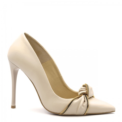 Beżowe skórzane szpilki z kokardą 301C