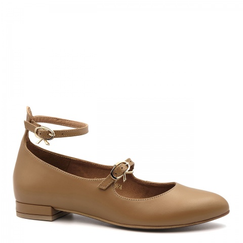 Karmelowe skórzane balerinki z paskami 297A