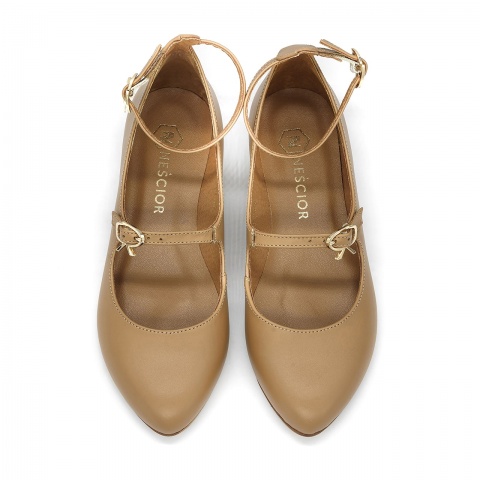 Karmelowe skórzane balerinki z paskami 297A