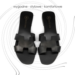 Czarne skórzane klapki z wyciętą cholewką 82G