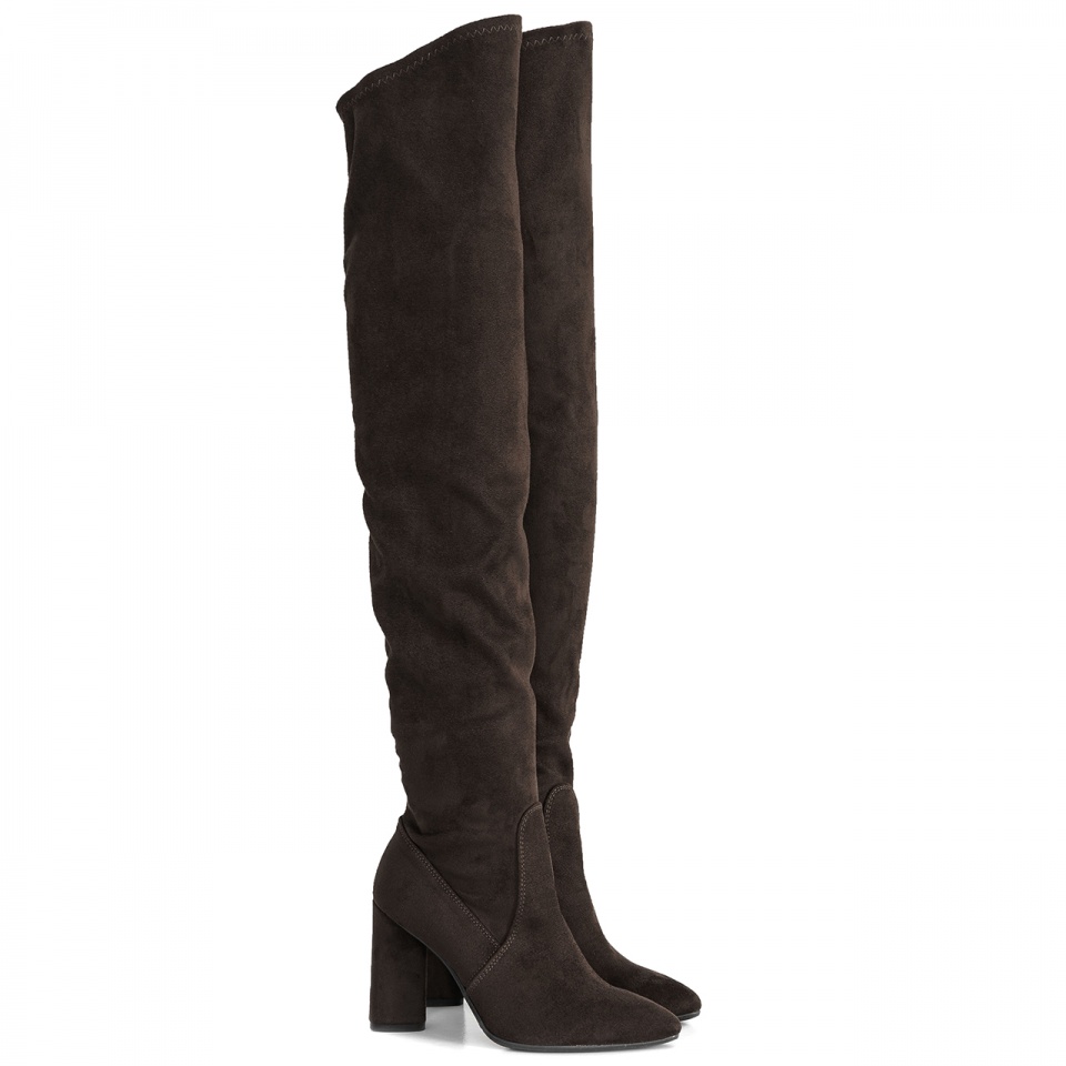 Brązowe kozaki za kolano na wysokim słupku 111K