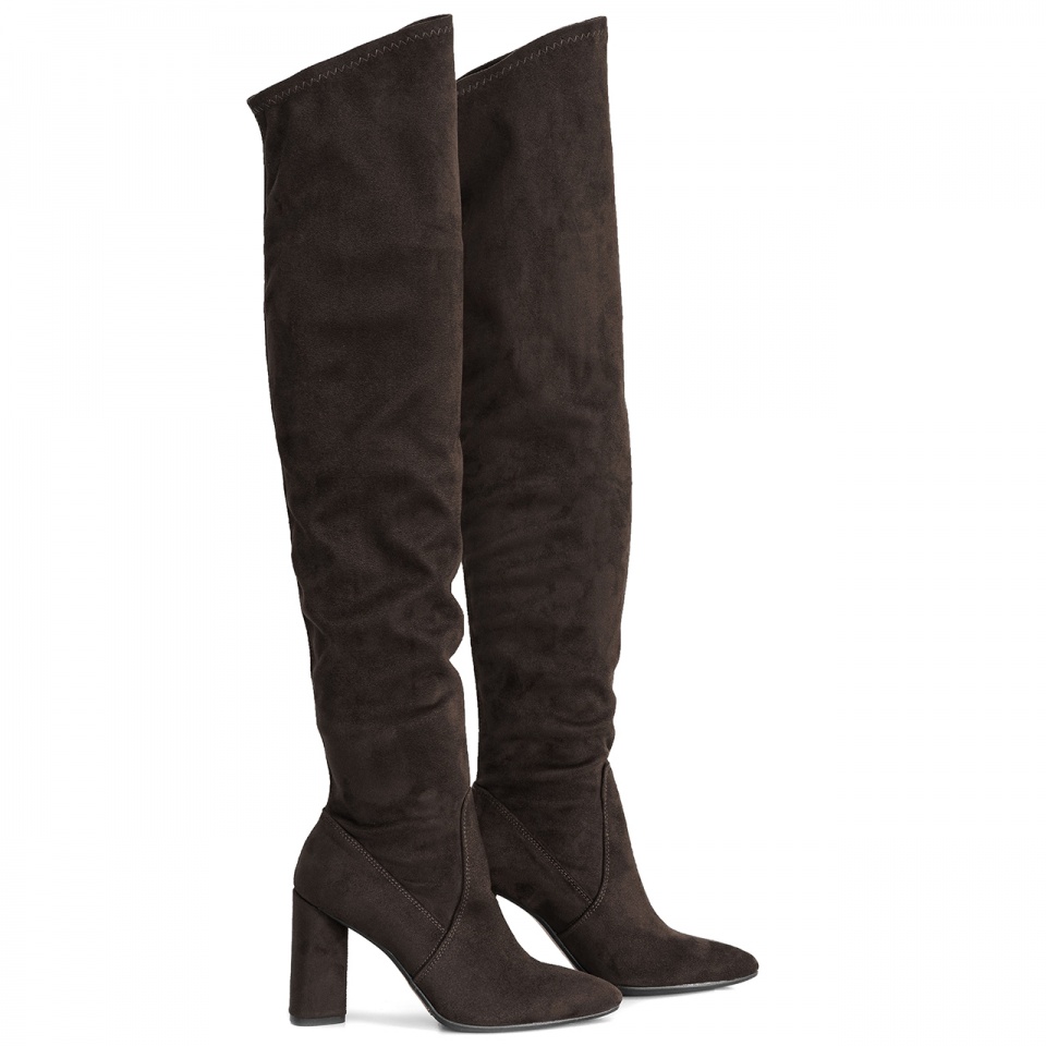 Brązowe kozaki za kolano na wysokim słupku 111K