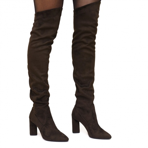 Brązowe kozaki za kolano na wysokim słupku 111K