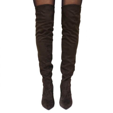 Brązowe kozaki za kolano na wysokim słupku 111K